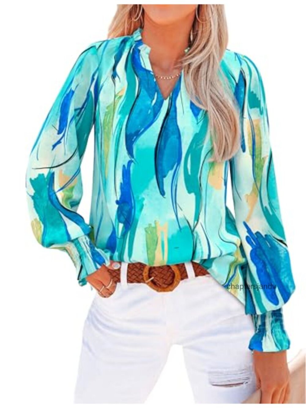 Boho Floral V-Neck Puff Sleeve Chiffon Blouse Long Sleeve Loose Fit
